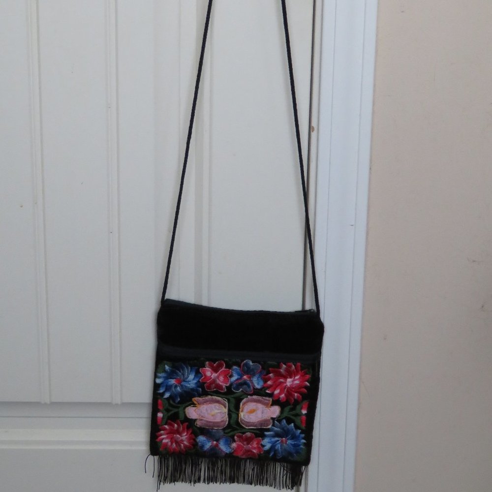 Black Velvet Embroidered Crossbody Bag (54J) - Picture 2 of 7